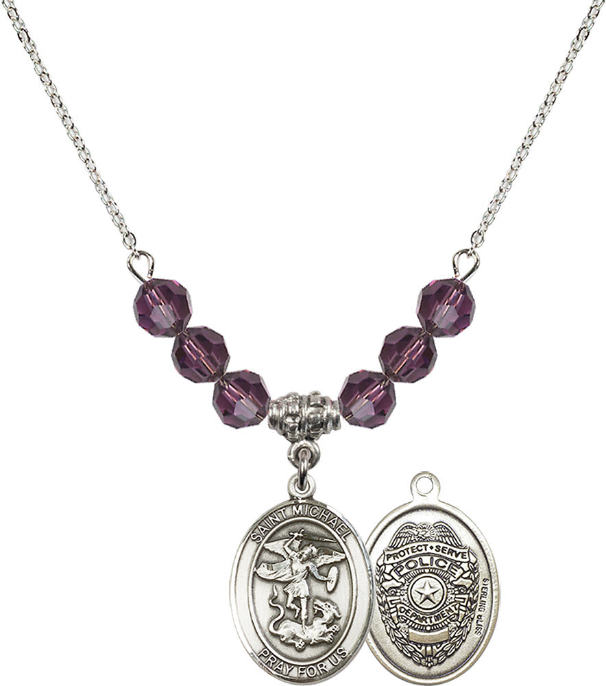 Sterling Silver Saint Michael / Policeman Birthstone Necklace with Amethyst Beads - 8076