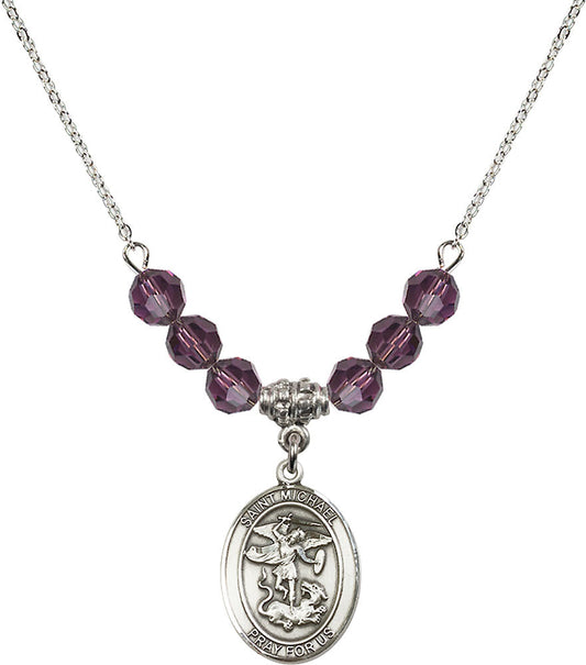 Sterling Silver Saint Michael the Archangel Birthstone Necklace with Amethyst Beads - 8076