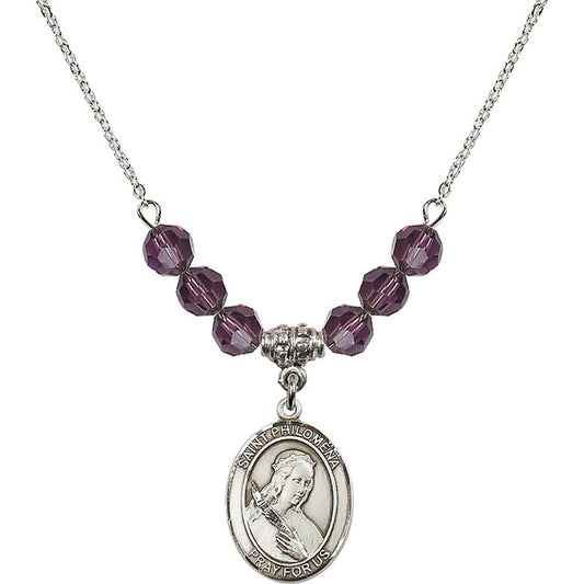 Sterling Silver Saint Philomena Birthstone Necklace with Amethyst Beads - 8077