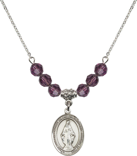 Sterling Silver Miraculous Birthstone Necklace with Amethyst Beads - 8078