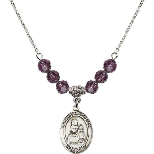 Sterling Silver Our Lady of Loretto Birthstone Necklace with Amethyst Beads - 8082