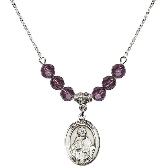 Sterling Silver Saint Philip the Apostle Birthstone Necklace with Amethyst Beads - 8083