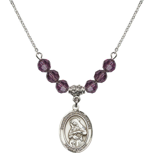 Sterling Silver Our Lady of Providence Birthstone Necklace with Amethyst Beads - 8087