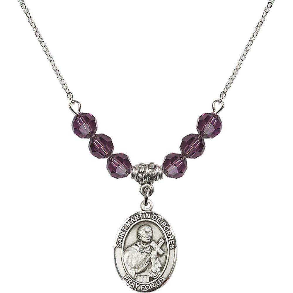 Sterling Silver Saint Martin de Porres Birthstone Necklace with Amethyst Beads - 8089