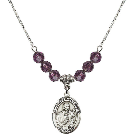 Sterling Silver Saint Martin de Porres Birthstone Necklace with Amethyst Beads - 8089