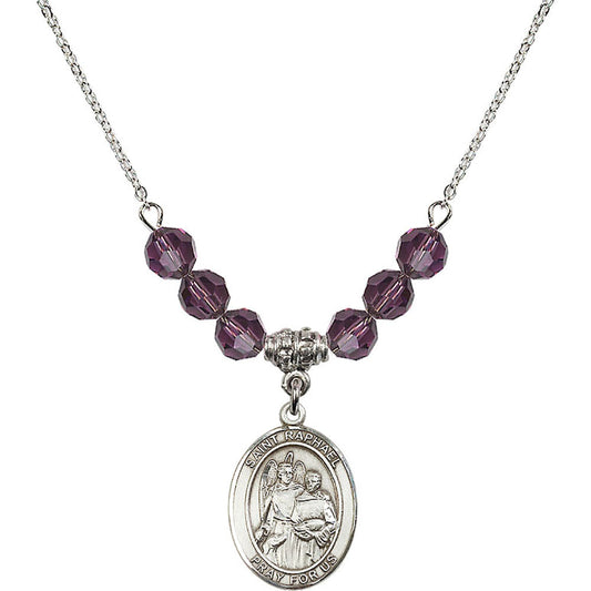 Sterling Silver Saint Raphael the Archangel Birthstone Necklace with Amethyst Beads - 8092