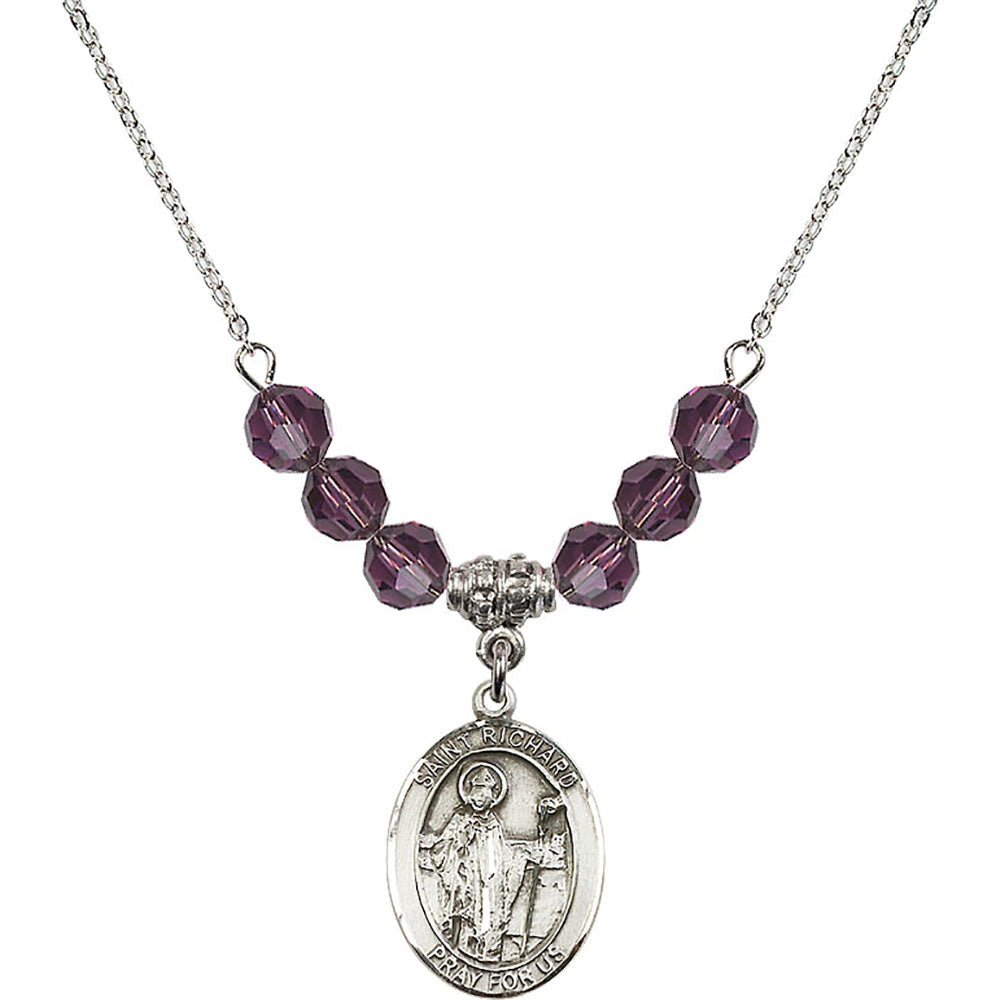 Sterling Silver Saint Richard Birthstone Necklace with Amethyst Beads - 8093