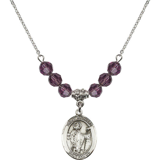 Sterling Silver Saint Richard Birthstone Necklace with Amethyst Beads - 8093
