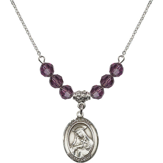 Sterling Silver Saint Rose of Lima Birthstone Necklace with Amethyst Beads - 8095