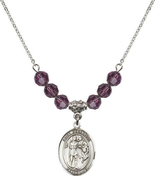 Sterling Silver Saint Sebastian Birthstone Necklace with Amethyst Beads - 8100