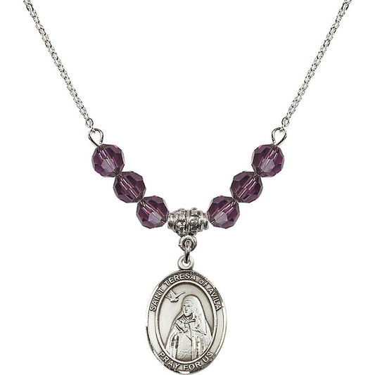 Sterling Silver Saint Teresa of Avila Birthstone Necklace with Amethyst Beads - 8102