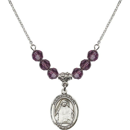 Sterling Silver Saint Edith Stein Birthstone Necklace with Amethyst Beads - 8103
