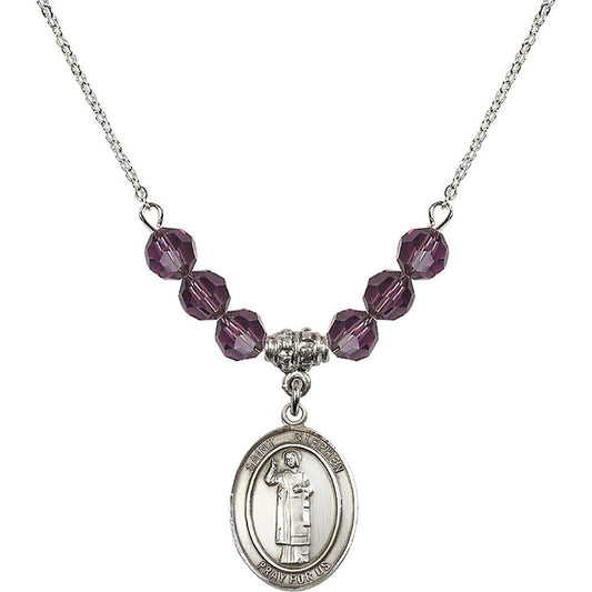 Sterling Silver Saint Stephen the Martyr Birthstone Necklace with Amethyst Beads - 8104