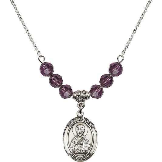 Sterling Silver Saint Timothy Birthstone Necklace with Amethyst Beads - 8105