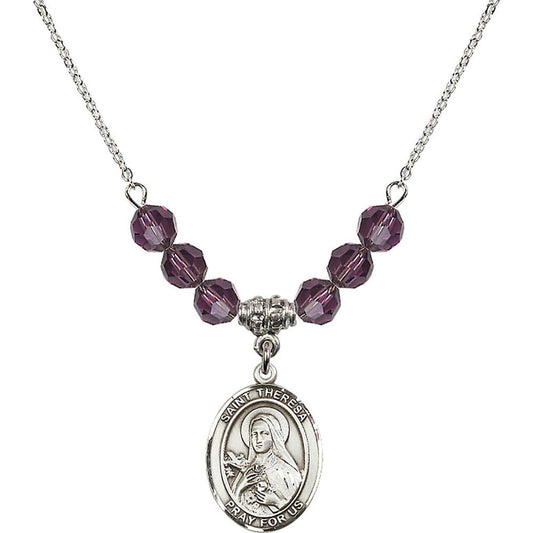 Sterling Silver Saint Theresa Birthstone Necklace with Amethyst Beads - 8106