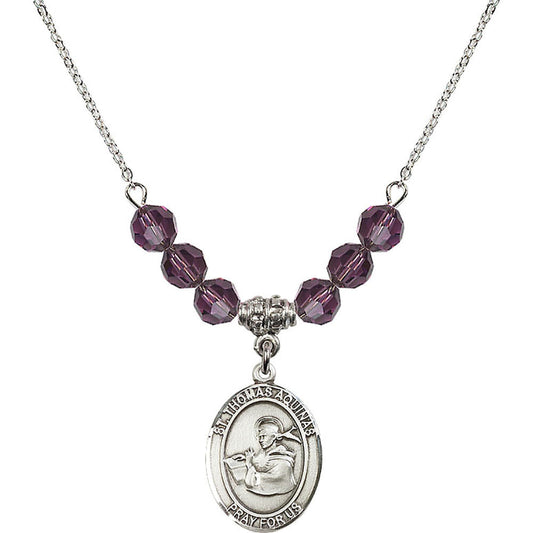 Sterling Silver Saint Thomas Aquinas Birthstone Necklace with Amethyst Beads - 8108