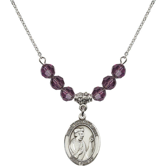 Sterling Silver Saint Thomas More Birthstone Necklace with Amethyst Beads - 8109