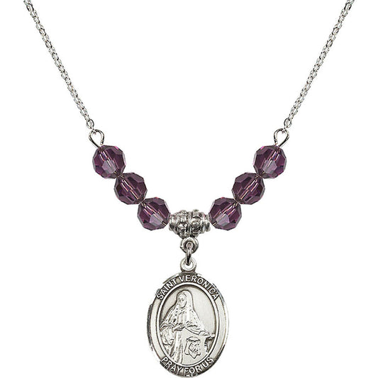 Sterling Silver Saint Veronica Birthstone Necklace with Amethyst Beads - 8110