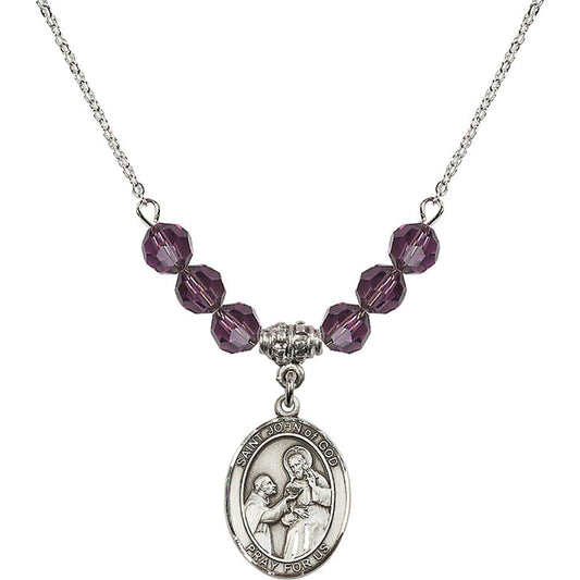 Sterling Silver Saint John of God Birthstone Necklace with Amethyst Beads - 8112