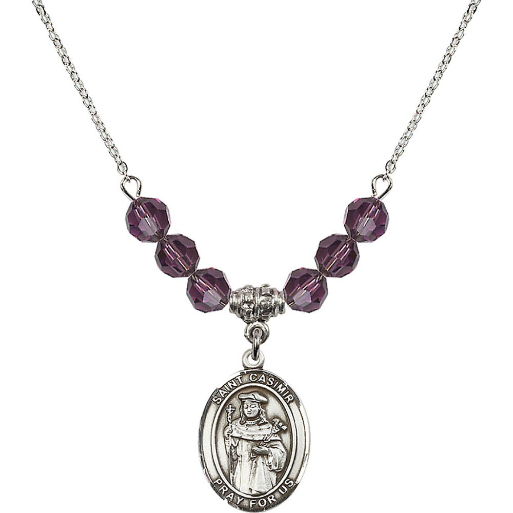 Sterling Silver Saint Casimir of Poland Birthstone Necklace with Amethyst Beads - 8113