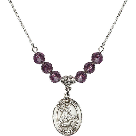 Sterling Silver Saint William of Rochester Birthstone Necklace with Amethyst Beads - 8114