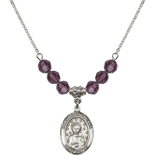 Sterling Silver Our Lady of la Vang Birthstone Necklace with Amethyst Beads - 8115