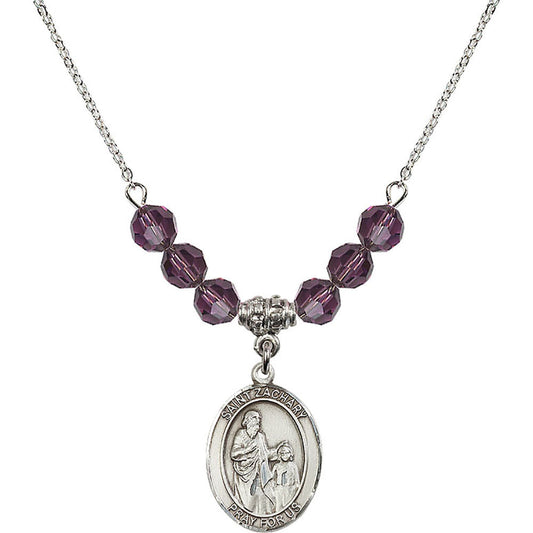 Sterling Silver Saint Zachary Birthstone Necklace with Amethyst Beads - 8116