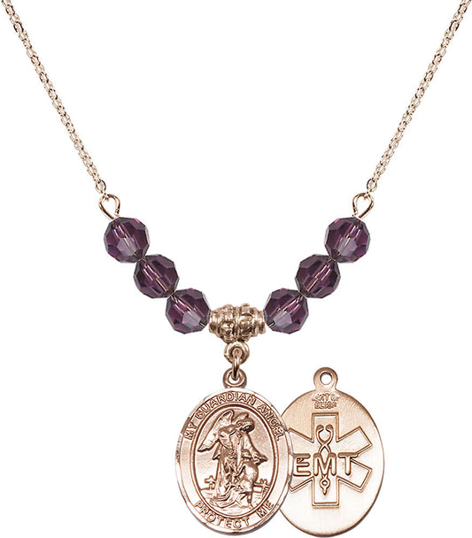 14kt Gold Filled Guardian Angel / EMT Birthstone Necklace with Amethyst Beads - 8118