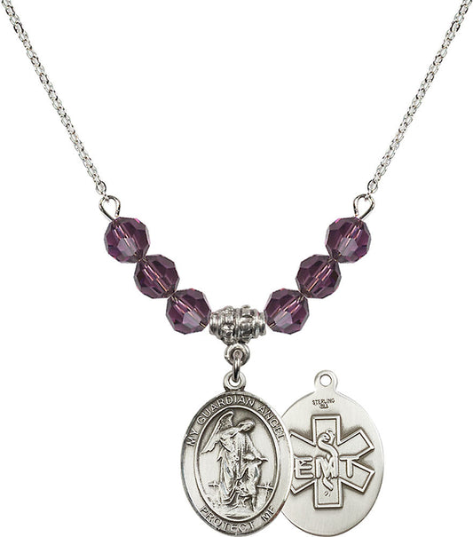 Sterling Silver Guardian Angel / EMT Birthstone Necklace with Amethyst Beads - 8118