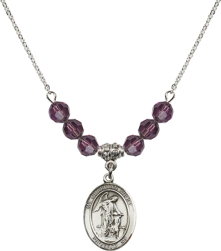 Sterling Silver Guardian Angel w/Child Birthstone Necklace with Amethyst Beads - 8118