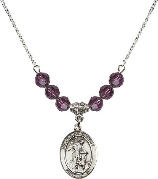 Sterling Silver Guardian Angel w/Child Birthstone Necklace with Amethyst Beads - 8118