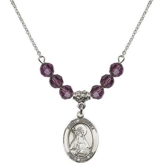 Sterling Silver Saint Bridget of Sweden Birthstone Necklace with Amethyst Beads - 8122