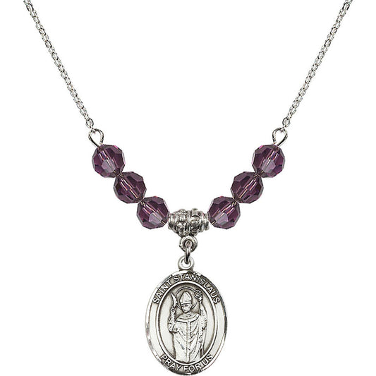 Sterling Silver Saint Stanislaus Birthstone Necklace with Amethyst Beads - 8124