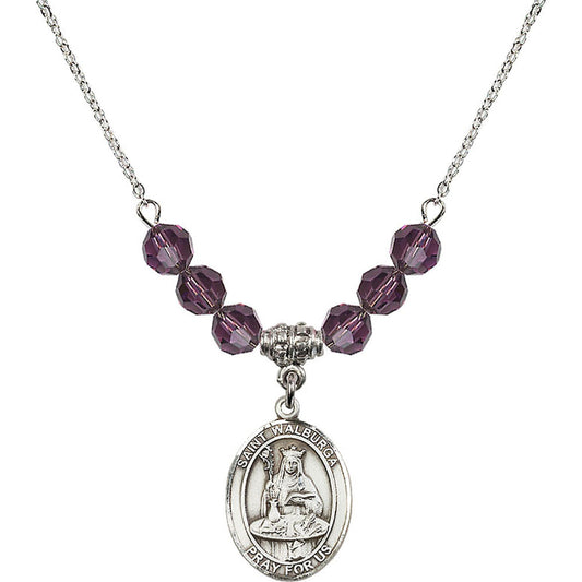 Sterling Silver Saint Walburga Birthstone Necklace with Amethyst Beads - 8126