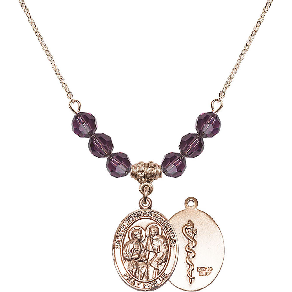 14kt Gold Filled Saints Cosmas & Damian / Doctors Birthstone Necklace with Amethyst Beads - 8132
