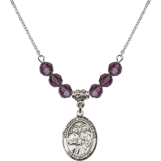 Sterling Silver Saints Cosmas & Damian Birthstone Necklace with Amethyst Beads - 8132