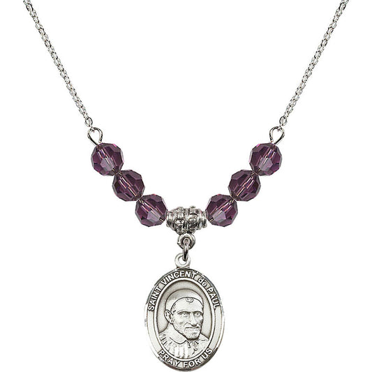 Sterling Silver Saint Vincent De Paul Birthstone Necklace with Amethyst Beads - 8134