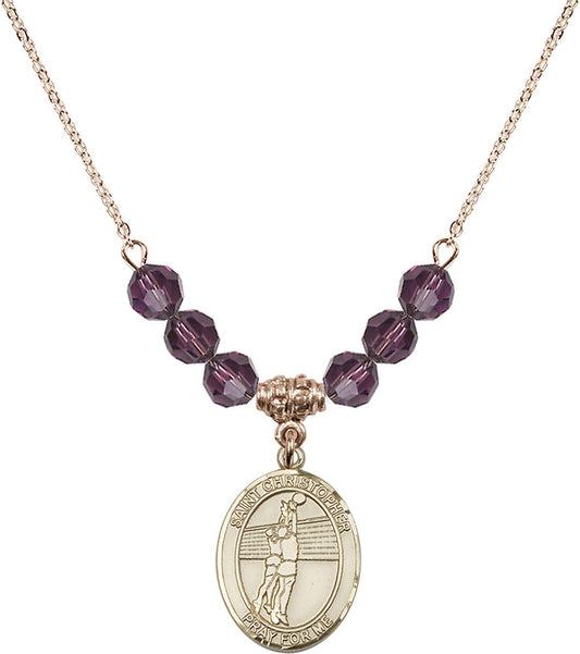14kt Gold Filled Saint Christopher/Volleyball Birthstone Necklace with Amethyst Beads - 8138