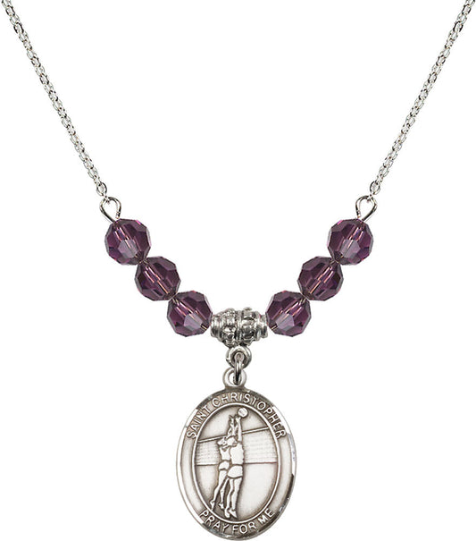 Sterling Silver Saint Christopher/Volleyball Birthstone Necklace with Amethyst Beads - 8138