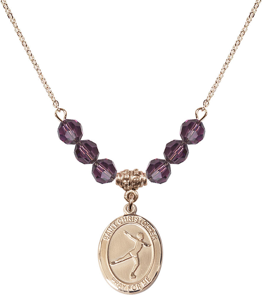 14kt Gold Filled Saint Christopher/Figure Skating Birthstone Necklace with Amethyst Beads - 8139