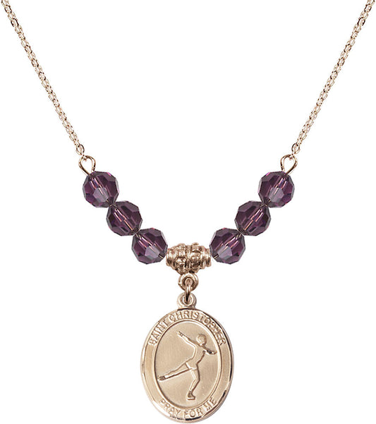 14kt Gold Filled Saint Christopher/Figure Skating Birthstone Necklace with Amethyst Beads - 8139