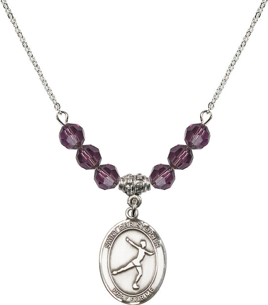 Sterling Silver Saint Christopher/Figure Skating Birthstone Necklace with Amethyst Beads - 8139