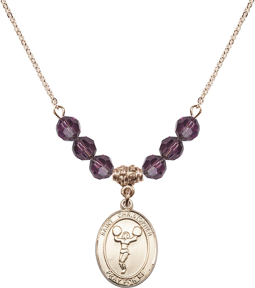 14kt Gold Filled Saint Christopher/Cheerleading Birthstone Necklace with Amethyst Beads - 8140