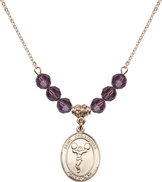 14kt Gold Filled Saint Christopher/Cheerleading Birthstone Necklace with Amethyst Beads - 8140