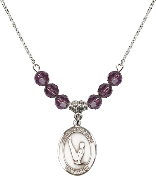 Sterling Silver Saint Christopher/Gymnastics Birthstone Necklace with Amethyst Beads - 8142