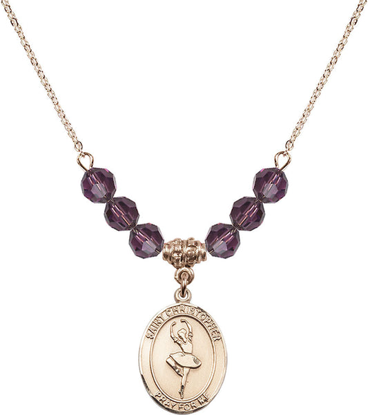 14kt Gold Filled Saint Christopher/Dance Birthstone Necklace with Amethyst Beads - 8143