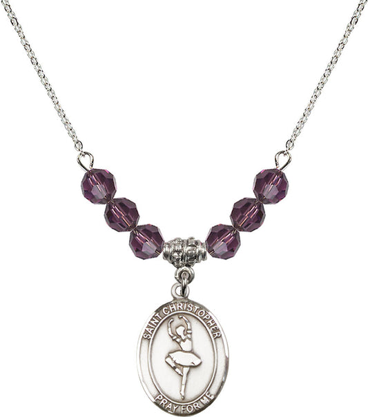 Sterling Silver Saint Christopher/Dance Birthstone Necklace with Amethyst Beads - 8143