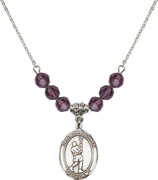 Sterling Silver Saint Christopher/Lacrosse Birthstone Necklace with Amethyst Beads - 8144