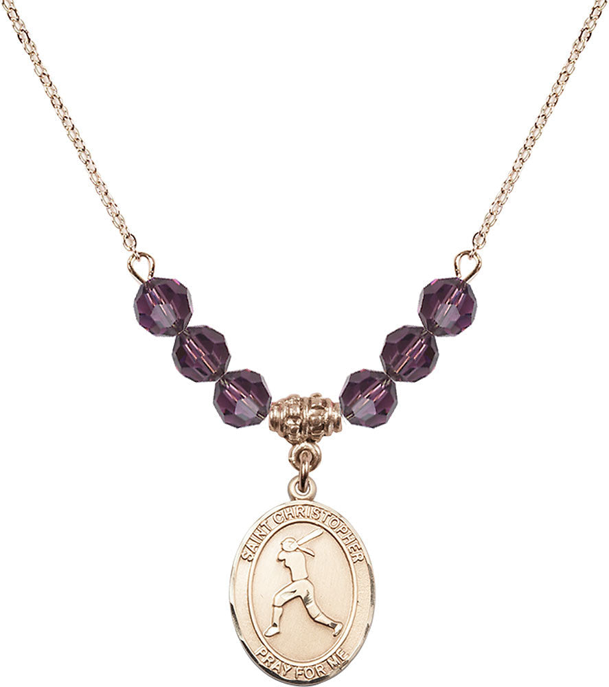 14kt Gold Filled Saint Christopher/Softball Birthstone Necklace with Amethyst Beads - 8145