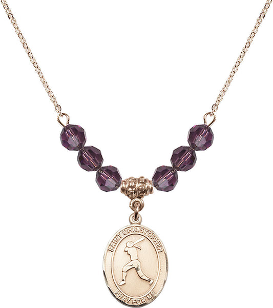 14kt Gold Filled Saint Christopher/Softball Birthstone Necklace with Amethyst Beads - 8145
